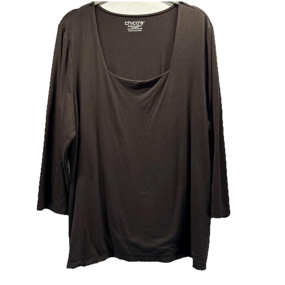 Chicos Women's Top Size XL Solid Brown Square Neck Lined Stretch 3/4 Sleeve Dark